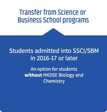 Transfer from Science or Business School programs - Students admitted into SSCI/SBM in 2016-17 or later - An option for students without HKDSE Biology and Chemistry